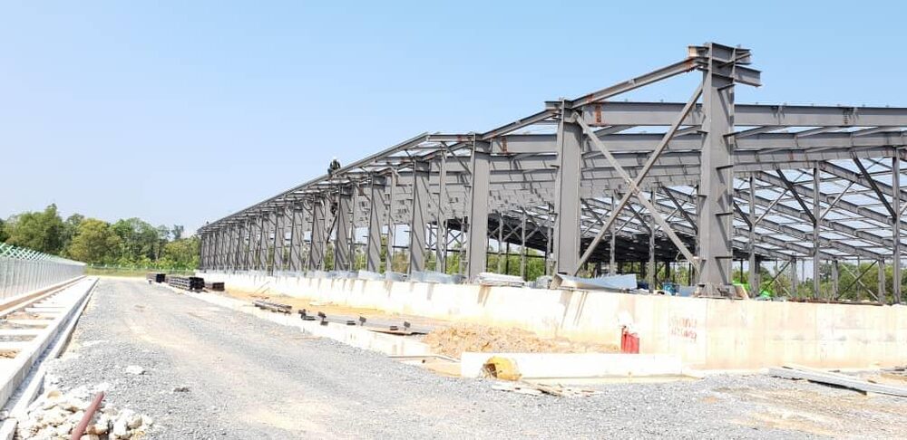 Steel structural warehouse frame under construction at CJ Bio Paka