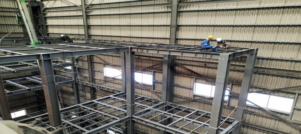 Interior view of steel structure erection at CJ Bio Paka warehouse