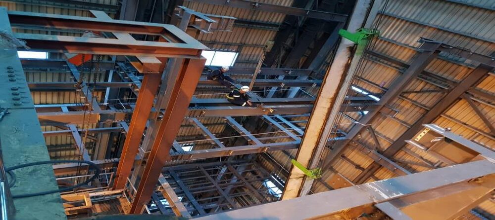 Steel beam and column connection work inside the CJ Bio Paka warehouse